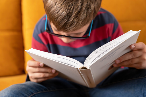 A young schoolboy, wearing glasses, engrossed in a book while sitting on a couch. He is focused, making it ideal for educational and childhood themes.