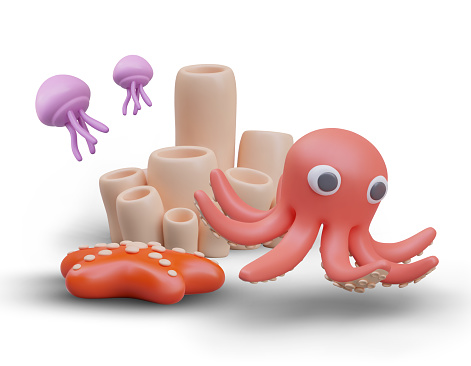 Scene from underwater life. Octopus and jellyfish swim near spongy algae. Red starfish lies on bottom. Color 3D illustration in cartoon style. Sea ecosystem