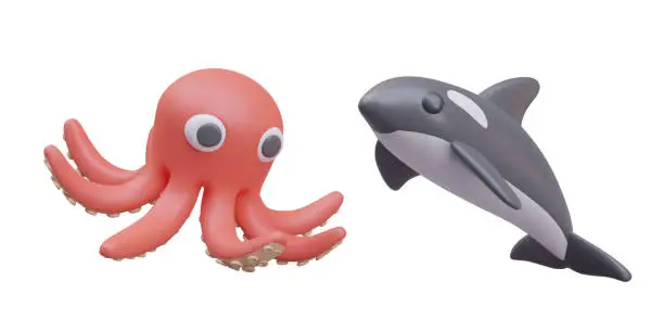 Vector illustration of 3D octopus and killer whale in cartoon style. Different types of marine predators