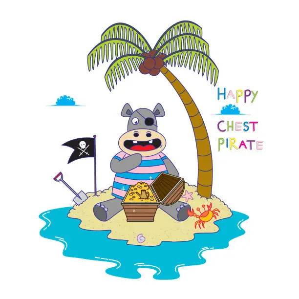 Vector illustration of Pirate Hippo finds a Treasure Chest