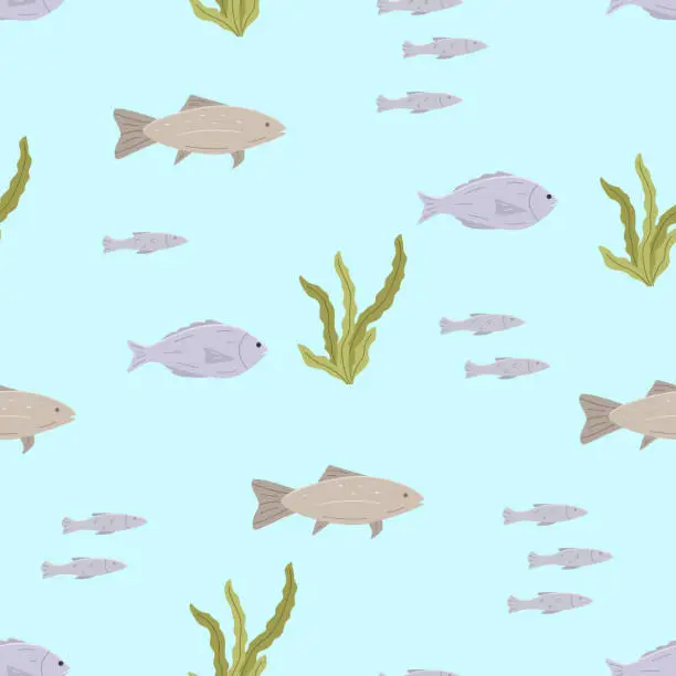 Vector illustration of Seamless pattern with fish and algae color. Vector illustration dorado carp, background.