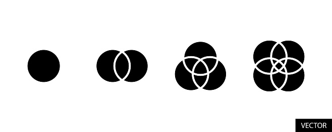 1, 2, 3, 4 overlapping circles venn diagram vector icons in glyph style design for website, app, UI, isolated on white background. EPS 10 vector illustration.