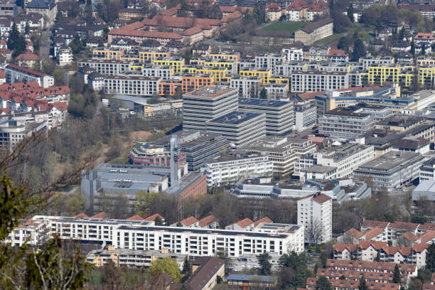Zurich residential district. The image shows Zurich partially seen from the Uetliberg. Captured during spring season on a sunny day.