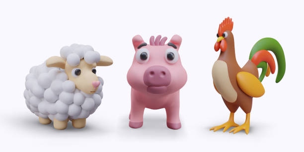 istock Little sheep, ping pig and rooster on white background 2122835804