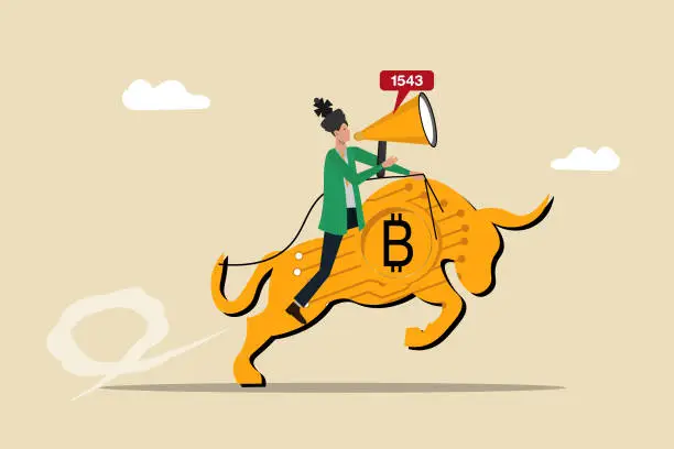 Vector illustration of Bitcoin crypto currency bull market, cryptocurrency soaring hit new high record concept