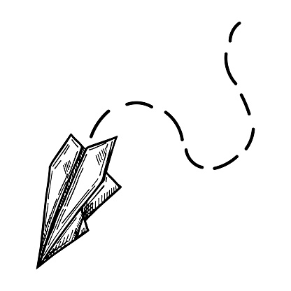 Line art illustration of a paper airplane in mid-flight, its path indicated by dashed lines, symbolizing creativity and the joy of simplicity.