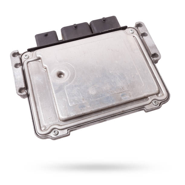 istock Plastic car engine control unit with metal elements on a white isolated background is the connecting center of various subsystems, units and assemblies. Monitoring the state of the moment. Spare part 2122870536