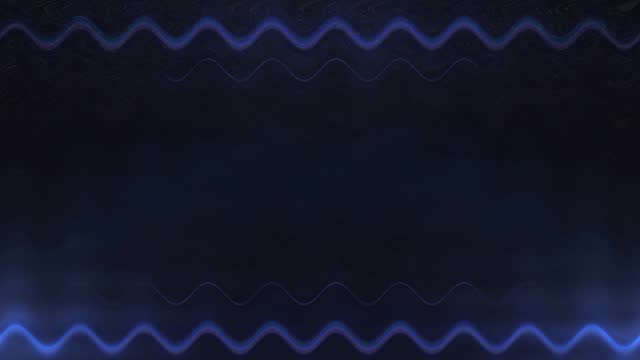 Rectangular wavy horizontal neon frame, glowing from long dark blue lines of pulsating light frame. Dark background. Blank space for your own content in the middle.