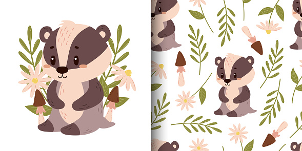Badger Pattern Background Vector Composition And Seamless Pattern With Badger Stock Illustration ...