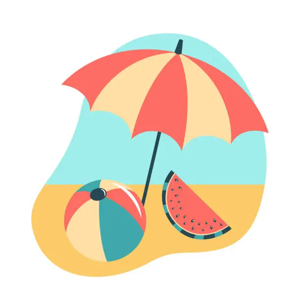 Vector illustration of Vector summer composition with beach ball, parasol and watermelon