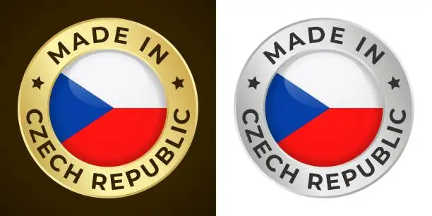 Vector illustration of Made in Czech Republic - Vector Graphics. Round Golden and Silver Label Badge Emblem Set with Flag of Czech Republic and Text Made in Czech Republic. Isolated on White and Dark Backgrounds
