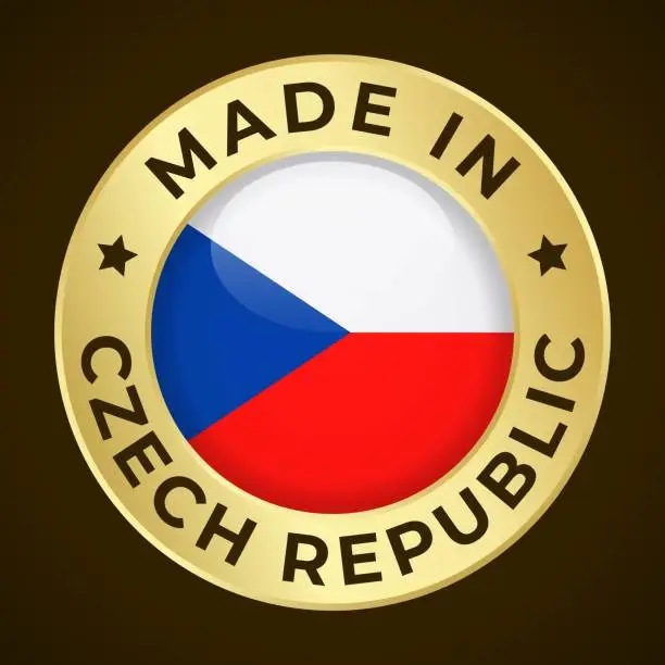 Vector illustration of Made in Czech Republic - Vector Graphics. Round Golden Label Badge Emblem with Flag of Czech Republic and Text Made in Czech Republic. Isolated on Dark Background