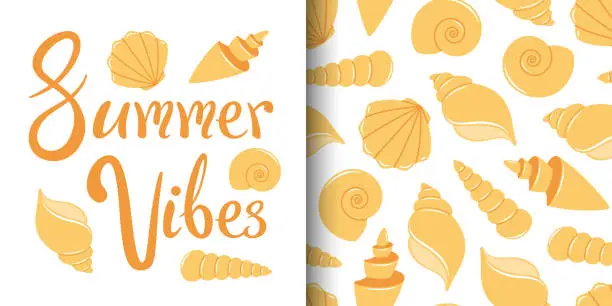Vector illustration of Vector summer composition and pattern with seashells and lettering
