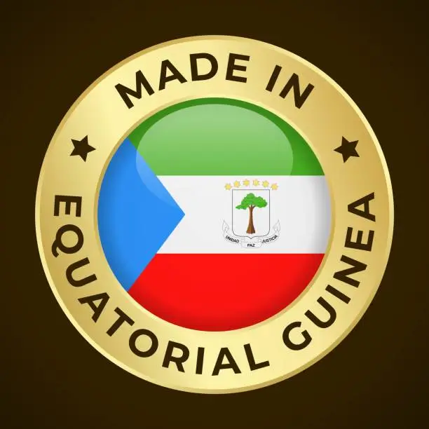 Vector illustration of Made in Equatorial Guinea - Vector Graphics. Round Golden Label Badge Emblem with Flag of Equatorial Guinea and Text Made in Equatorial Guinea. Isolated on Dark Background