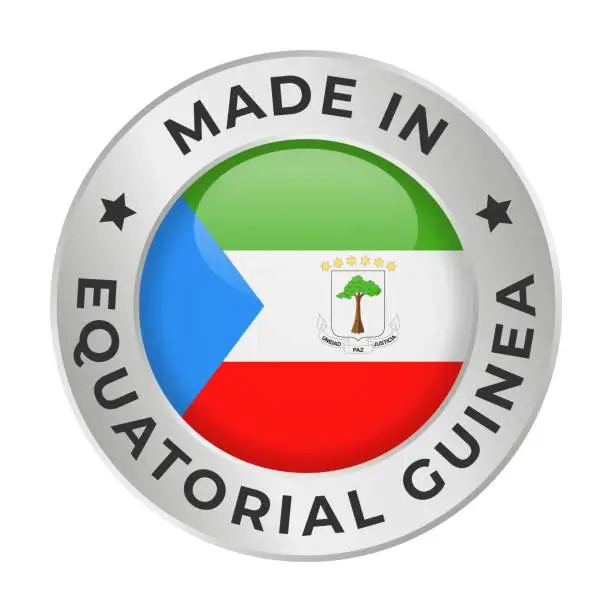 Vector illustration of Made in Equatorial Guinea - Vector Graphics. Round Silver Label Badge Emblem with Flag of Equatorial Guinea and Text Made in Equatorial Guinea. Isolated on White Background