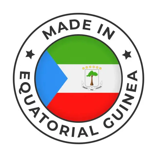 Vector illustration of Made in Equatorial Guinea - Vector Graphics. Round Simple Label Badge Emblem with Flag of Equatorial Guinea and Text Made in Equatorial Guinea. Isolated on White Background