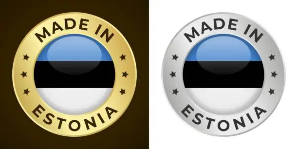 Vector illustration of Made in Estonia - Vector Graphics. Round Golden and Silver Label Badge Emblem Set with Flag of Estonia and Text Made in Estonia. Isolated on White and Dark Backgrounds