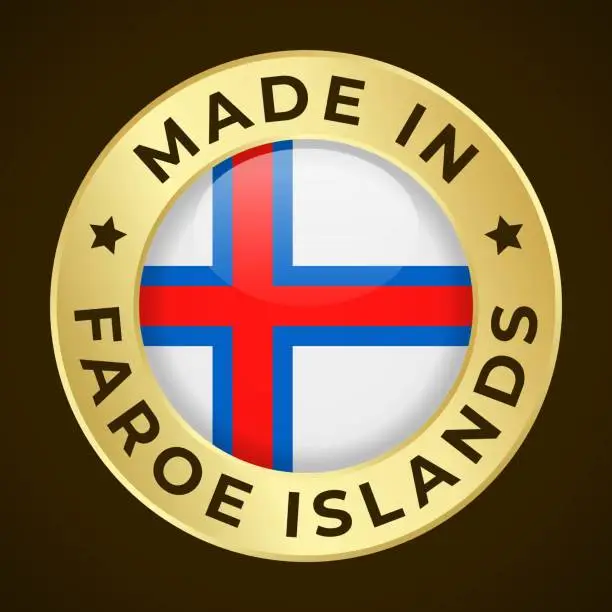 Vector illustration of Made in Faroe Islands - Vector Graphics. Round Golden Label Badge Emblem with Flag of Faroe Islands and Text Made in Faroe Islands. Isolated on Dark Background