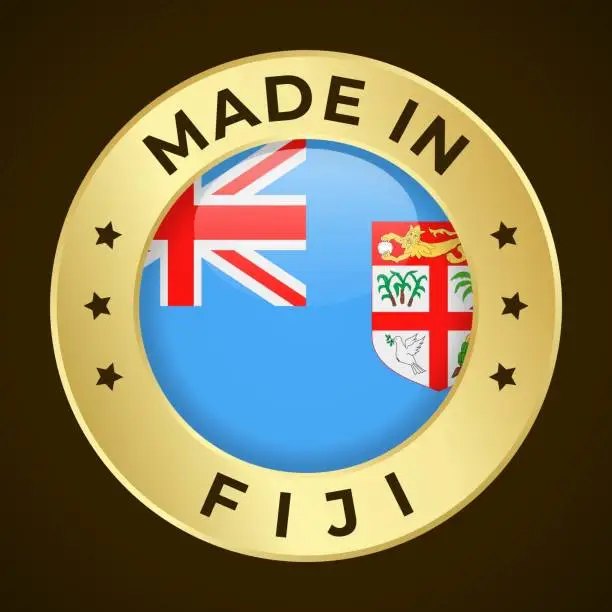 Vector illustration of Made in Fiji - Vector Graphics. Round Golden Label Badge Emblem with Flag of Fiji and Text Made in Fiji. Isolated on Dark Background