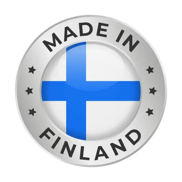 Vector illustration of Made in Finland - Vector Graphics. Round Silver Label Badge Emblem with Flag of Finland and Text Made in Finland. Isolated on White Background