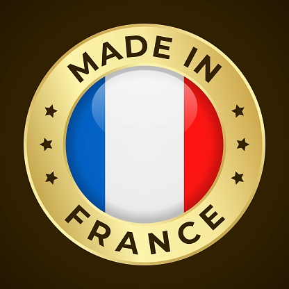 Made in France - Vector Graphics. Round Golden Label Badge Emblem with Flag of France and Text Made in France. Isolated on Dark Background