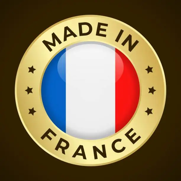 Vector illustration of Made in France - Vector Graphics. Round Golden Label Badge Emblem with Flag of France and Text Made in France. Isolated on Dark Background