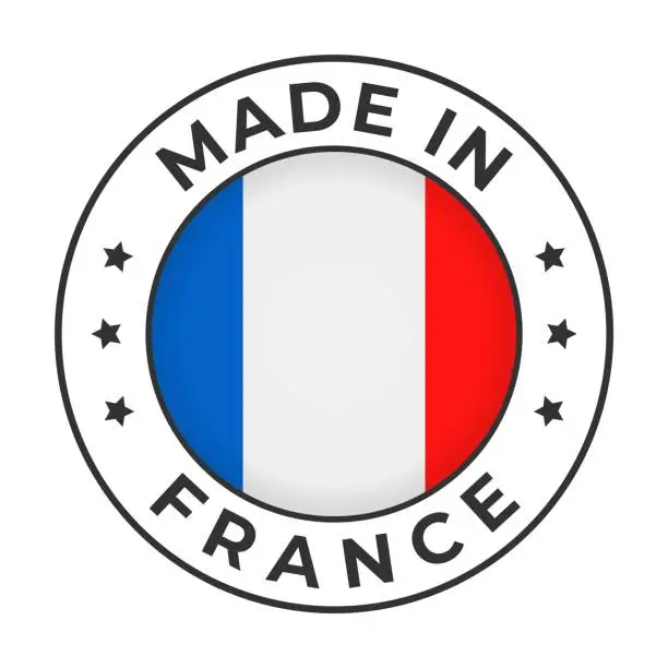 Vector illustration of Made in France - Vector Graphics. Round Simple Label Badge Emblem with Flag of France and Text Made in France. Isolated on White Background