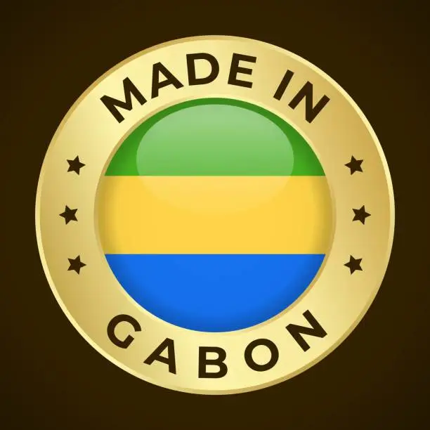 Vector illustration of Made in Gabon - Vector Graphics. Round Golden Label Badge Emblem with Flag of Gabon and Text Made in Gabon. Isolated on Dark Background