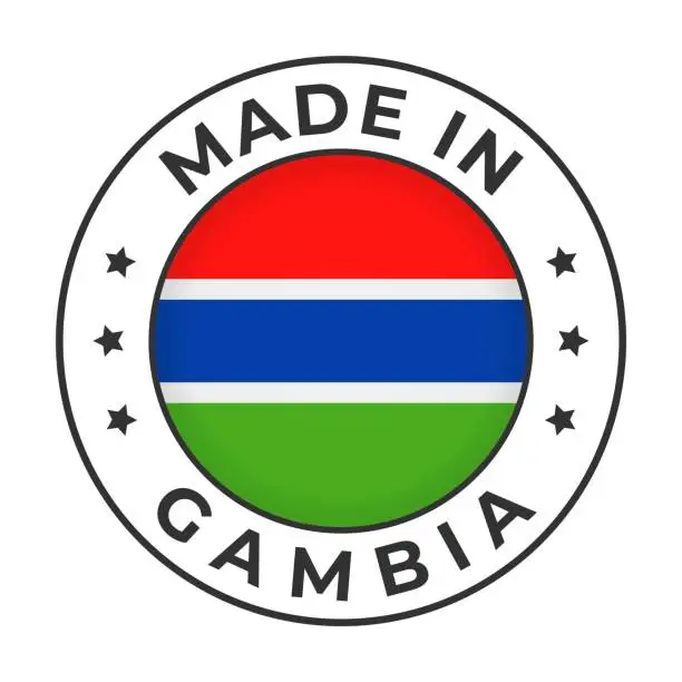 Vector illustration of Made in Gambia - Vector Graphics. Round Simple Label Badge Emblem with Flag of Gambia and Text Made in Gambia. Isolated on White Background