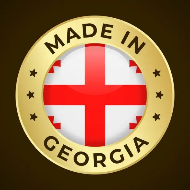 Vector illustration of Made in Georgia - Vector Graphics. Round Golden Label Badge Emblem with Flag of Georgia and Text Made in Georgia. Isolated on Dark Background