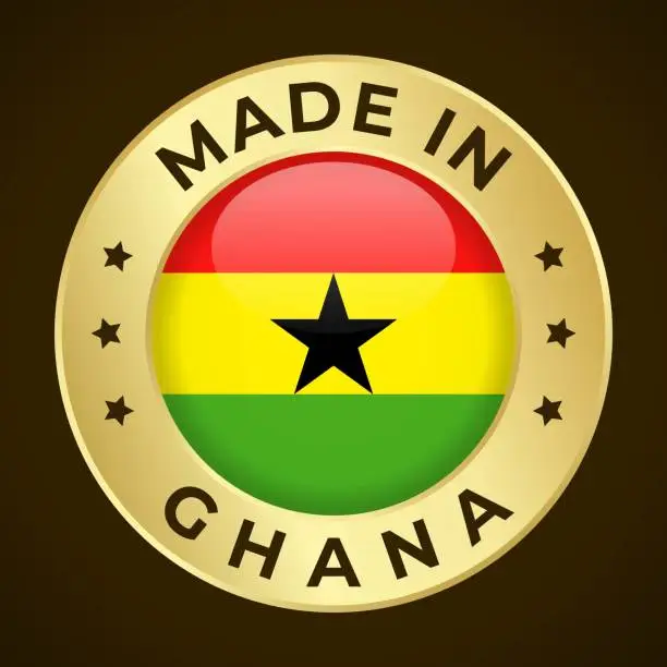 Vector illustration of Made in Ghana - Vector Graphics. Round Golden Label Badge Emblem with Flag of Ghana and Text Made in Ghana. Isolated on Dark Background