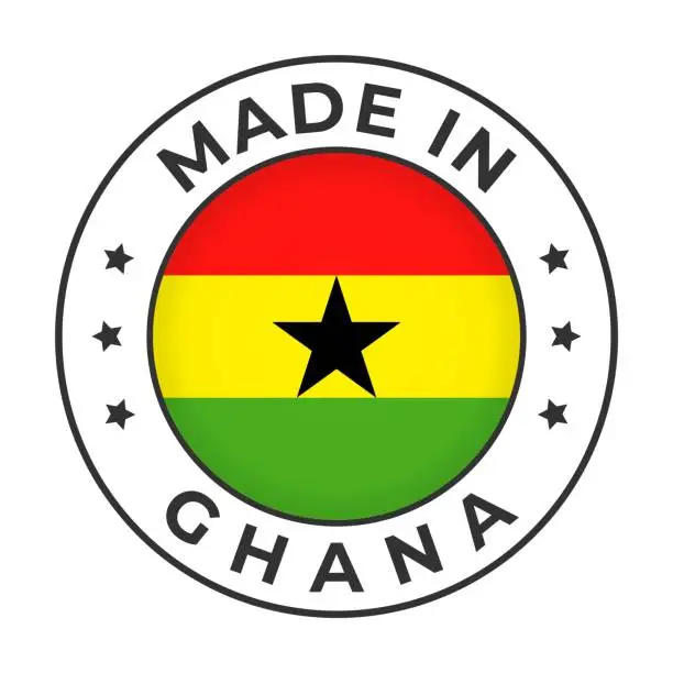 Vector illustration of Made in Ghana - Vector Graphics. Round Simple Label Badge Emblem with Flag of Ghana and Text Made in Ghana. Isolated on White Background