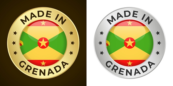 Made in Grenada - Vector Graphics. Round Golden and Silver Label Badge Emblem Set with Flag of Grenada and Text Made in Grenada. Isolated on White and Dark Backgrounds