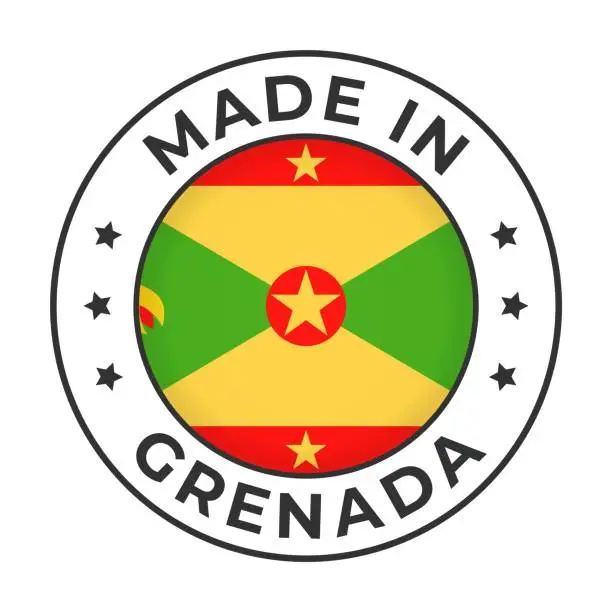 Vector illustration of Made in Grenada - Vector Graphics. Round Simple Label Badge Emblem with Flag of Grenada and Text Made in Grenada. Isolated on White Background