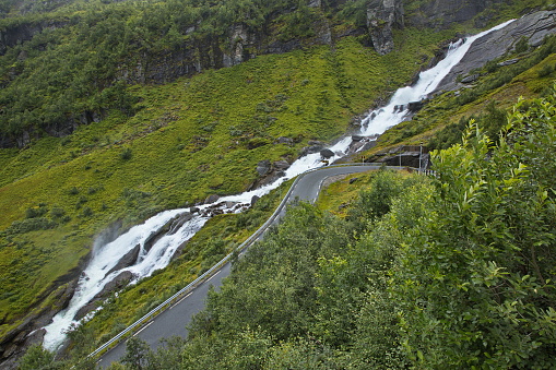 Waterfall at the road Myrkdalsvegen in Norway, Europe