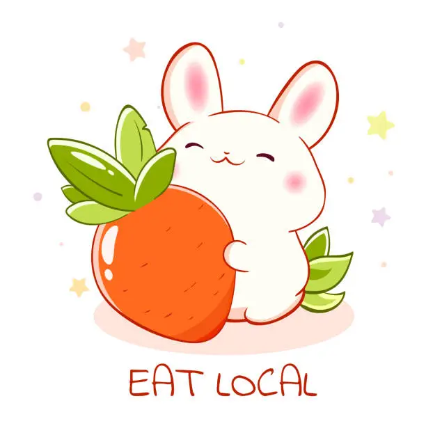 Vector illustration of Card in kawaii style with cute little bunny with carrot. Local natural and organic food concept. Inscription Eat Local. Can be used for t-shirt print, sticker, greeting card. Vector illustration EPS8