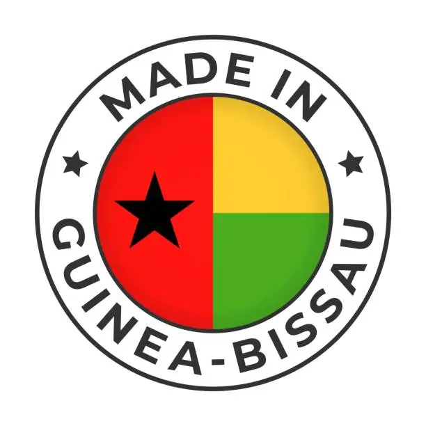 Vector illustration of Made in Guinea-Bissau - Vector Graphics. Round Simple Label Badge Emblem with Flag of Guinea-Bissau and Text Made in Guinea-Bissau. Isolated on White Background