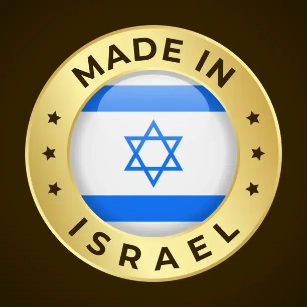 Vector illustration of Made in Israel - Vector Graphics. Round Golden Label Badge Emblem with Flag of Israel and Text Made in Israel. Isolated on Dark Background