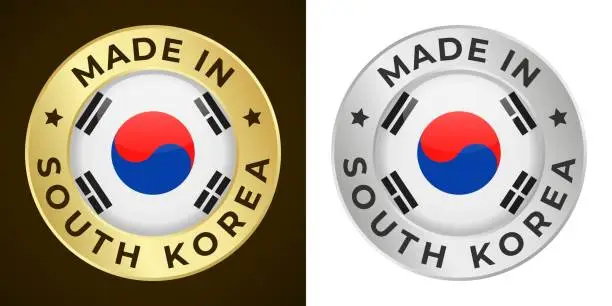 Vector illustration of Made in South Korea - Vector Graphics. Round Golden and Silver Label Badge Emblem Set with Flag of South Korea and Text Made in South Korea. Isolated on White and Dark Backgrounds