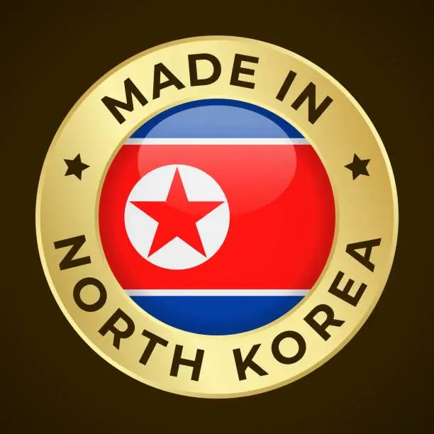 Vector illustration of Made in North Korea - Vector Graphics. Round Golden Label Badge Emblem with Flag of North Korea and Text Made in North Korea. Isolated on Dark Background