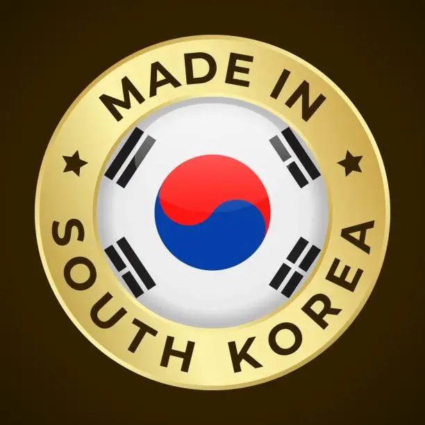 Vector illustration of Made in South Korea - Vector Graphics. Round Golden Label Badge Emblem with Flag of South Korea and Text Made in South Korea. Isolated on Dark Background