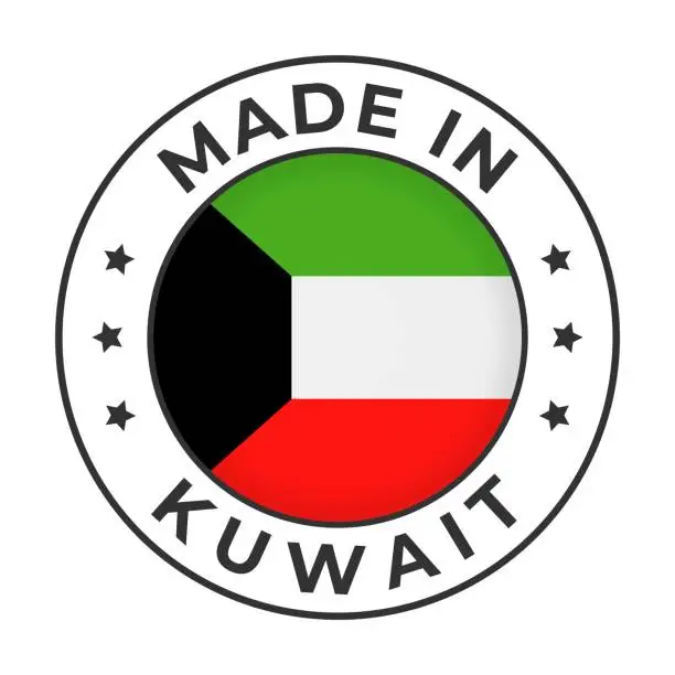 Vector illustration of Made in Kuwait - Vector Graphics. Round Simple Label Badge Emblem with Flag of Kuwait and Text Made in Kuwait. Isolated on White Background