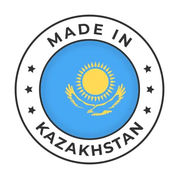 Vector illustration of Made in Kazakhstan - Vector Graphics. Round Simple Label Badge Emblem with Flag of Kazakhstan and Text Made in Kazakhstan. Isolated on White Background