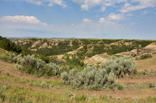 Beautiful landscape views of the rural rugged landscape in Theodore Roosevelt National Park.