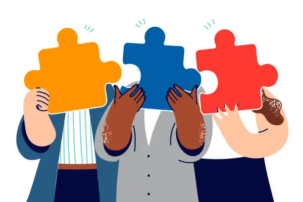 Vector illustration of Business people association hides faces behind puzzle pieces, demonstrating its readiness to merge