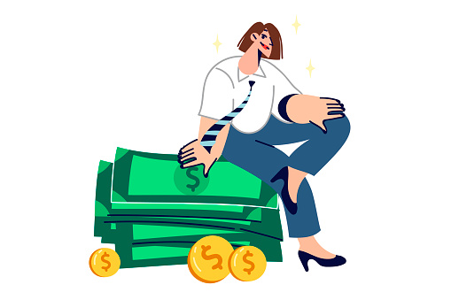 Rich woman sits on stack of money earned in business or from high-paying job, and thinks about where to invest money. Successful lady with large reserve capital feels financially secure