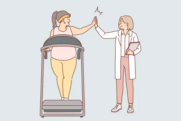 Vector illustration of Woman fitness doctor monitors progress of oversized female exercising on treadmill in gym