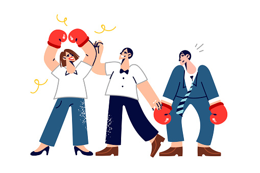 Gender struggle between man and woman in boxing gloves or fought for right to work in lucrative position. Metaphor of victory of feminism and matriarchy in corporate gender confrontation