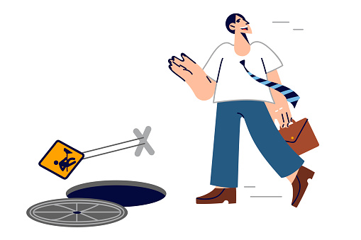 Inattentive businessman risks falling into open manhole, for concept of risk doing job of insurance agent. Inattentive guy in formal clothes approaches hatch, not paying attention to warnings
