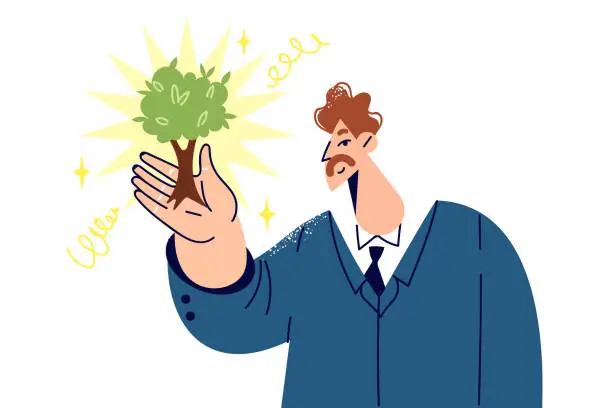 Vector illustration of Business man with miniature tree symbolizing investment in future and concern for environment